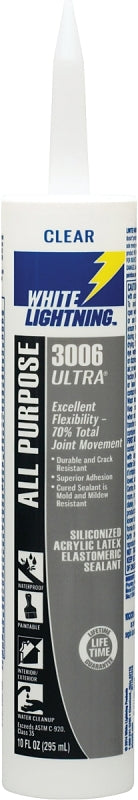 White Lightning W11001010 Siliconized Acrylic Latex Sealant, Clear, 5 to 7 days Curing, -30 to 180 deg F, 10 fl-oz, Pack of 12