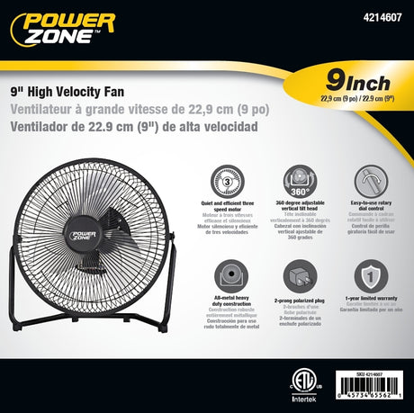PowerZone VF-9N High-Velocity Fan, 120 VAC, 9 in Dia Blade, 3-Blade, 3-Speed, 180 deg Rotating, Black