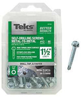 Teks 21344 Screw, #12 Thread, 1-1/2 in L, Coarse Thread, Hex Drive, Self-Drilling, Self-Tapping Point, Steel, Zinc