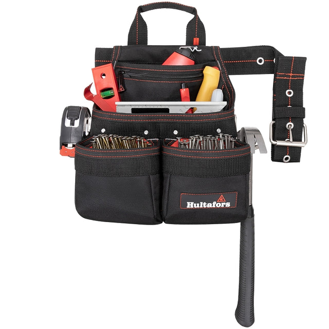 Hultafors HT5663 Framer's Nail/Tool Bag, 24 in D, 9-Pocket, Polyester, Black/Red