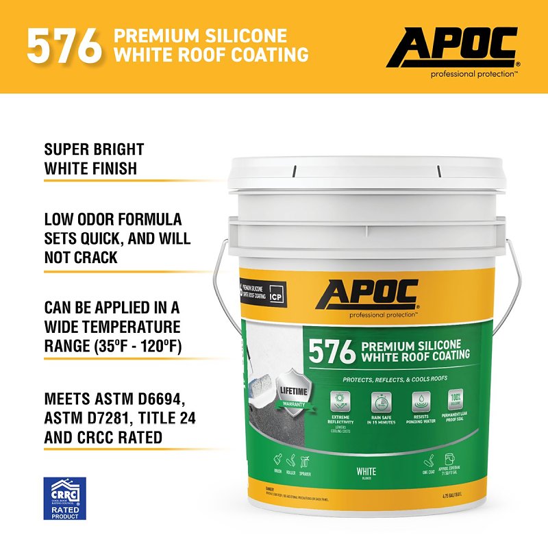 APOC AP-576 Series AP-5765 Premium Silicone Roof Coating, White, 5 gal, Pail, Liquid
