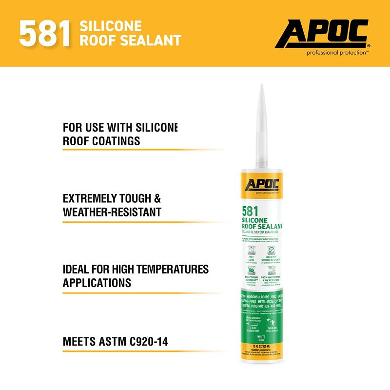 APOC Armor Flash AP-581 Series AP-5819 Silicone Roof Sealant, White, Free-Flowing Paste, 10 oz, Tube, Pack of 12