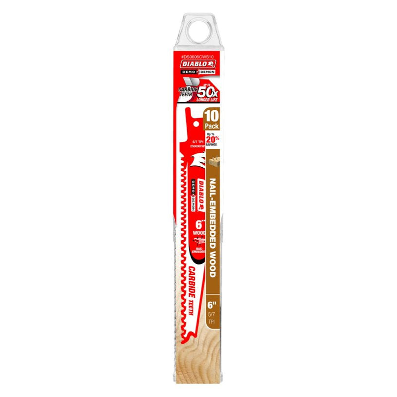 Diablo Demo Demon DS0606CWS10 Reciprocating Saw Blade, 1 in W, 6 in L, 5, 7 TPI, Carbide Cutting Edge