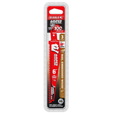 Diablo AMPED Demo Demon DS0606CWSA3 Reciprocating Saw Blade, 6 in L, 5, 7 TPI, Carbide Cutting Edge