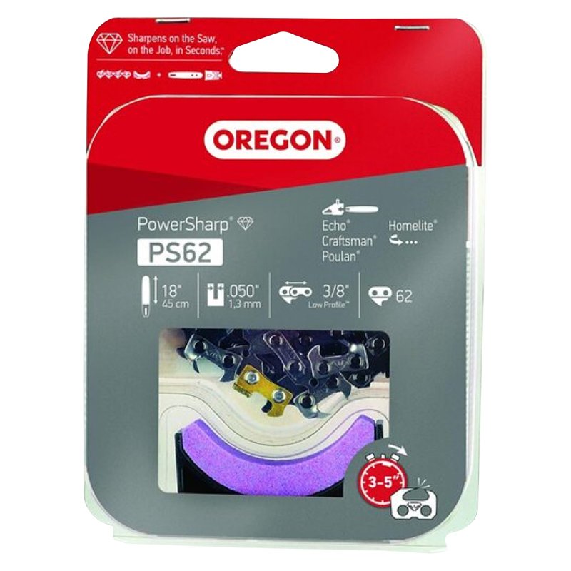 Oregon PS62 Replacement Chain with Sharpening Stone, 18 in L Bar, 0.05 Gauge, 3/8 in TPI/Pitch, 62-Link