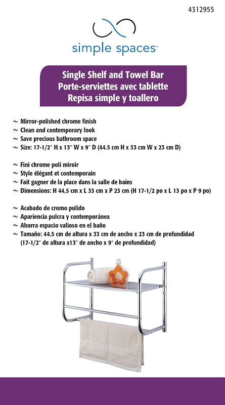 Simple Spaces BR32-CH Bathroom Rack, 11 lb Each shelf, 6.6 lb Each Towel Rack Max Weight Capacity, 1-Shelf, Metal