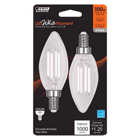 Feit White B10 E12 (Candelabra) Filament LED Bulb Soft White 100 Watt Equivalence 2 pk