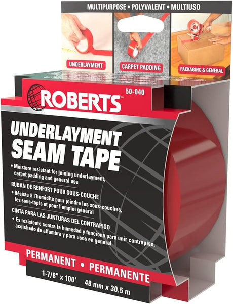Roberts 50-040 Underlayment Seam Tape, 1-7/8 in W, 100 ft L, 0.005 in Thick, PVC Backing, Red