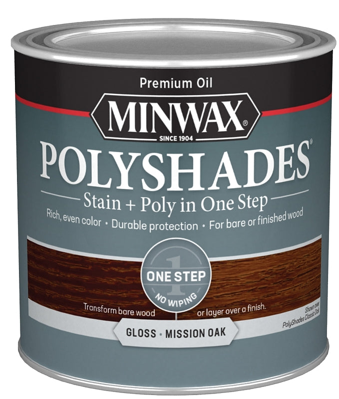 Minwax PolyShades 214854444 Water-Based Polyurethane Stain, Gloss, Liquid, Mission Oak, 0.5 pt Can