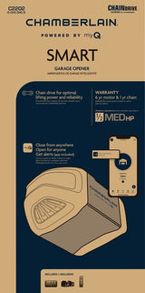 Chamberlain C2202 Garage Door Opener, Chain Drive, OS: myQ and Security+ 2.0, Blue