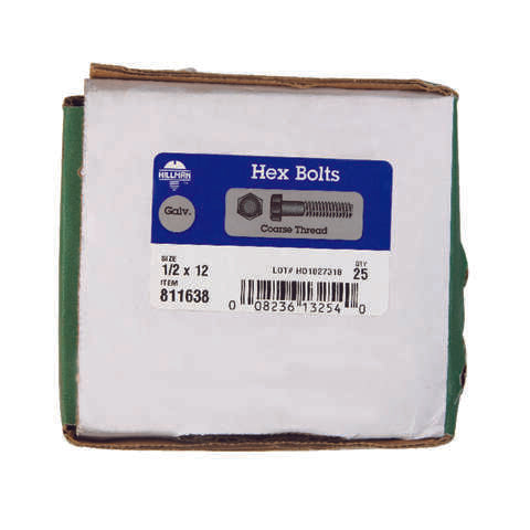 Hillman 1/2 in. D X 12 in. L Hot Dipped Galvanized Steel Hex Bolt 25 pk