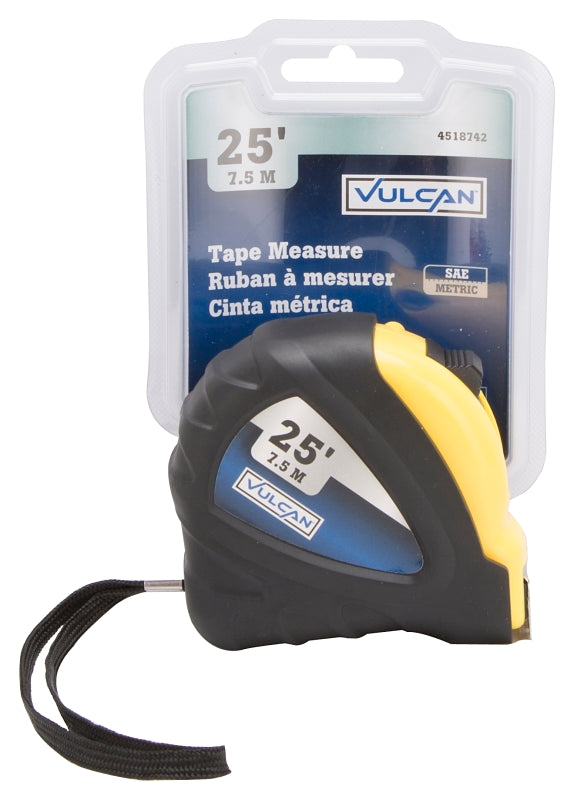 Vulcan C21-7.5X25 Measuring Tape, 25 ft L Blade, 1 in W Blade, Steel Blade, ABS Plastic Case, Yellow Case