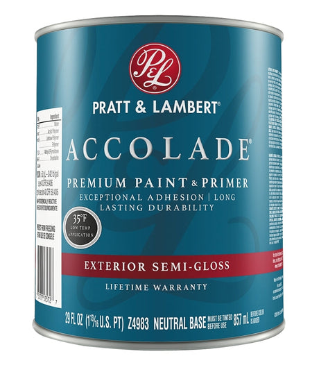 Pratt & Lambert Accolade Z4900 0000Z4983-44 Exterior Premium Paint and Primer, Semi-Gloss, Neutral Base, 1 qt