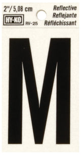 Hy-Ko RV-25/M Reflective Letter, 1-1/2 in W x 3 in H Dimensions, Character: M, 2 in H Character, Black Character, Vinyl, Pack of 10
