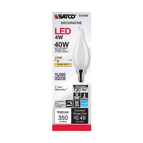 Satco CA10 (Flame Tip) E12 (Candelabra) Filament LED Bulb Warm White 40 Watt Equivalence 1 pk