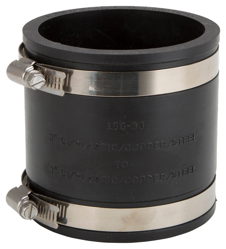 ProSource FC56-33 Coupling, 3 x 3 in, Cast Iron, Plastic and Steel Drain Pipes, PVC, Black
