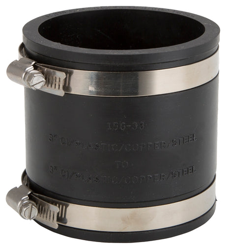 ProSource FC56-33 Coupling, 3 x 3 in, Cast Iron, Plastic and Steel Drain Pipes, PVC, Black
