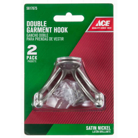 Ace 1 in. L Satin Nickel Silver Brass Small Double Garment Hook 2 pk, Pack of 5