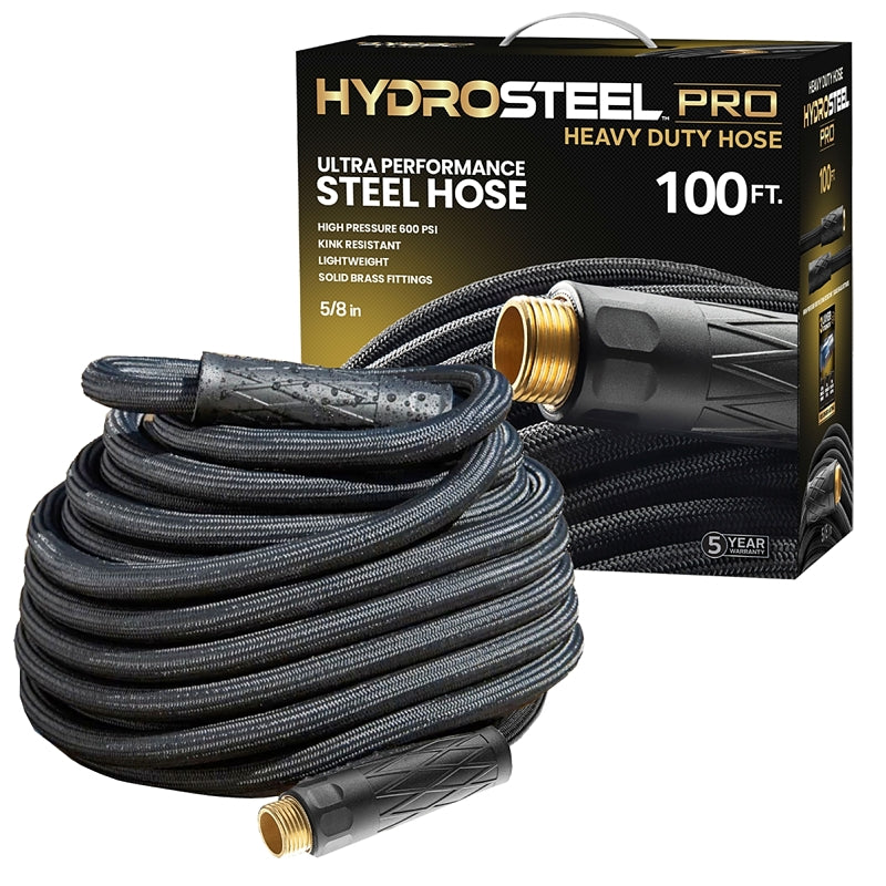HydroSteel Pro 8586 Water Hose with Brass Nozzle, 3/8 in, 50 ft L, Rubber/Vinyl, Black