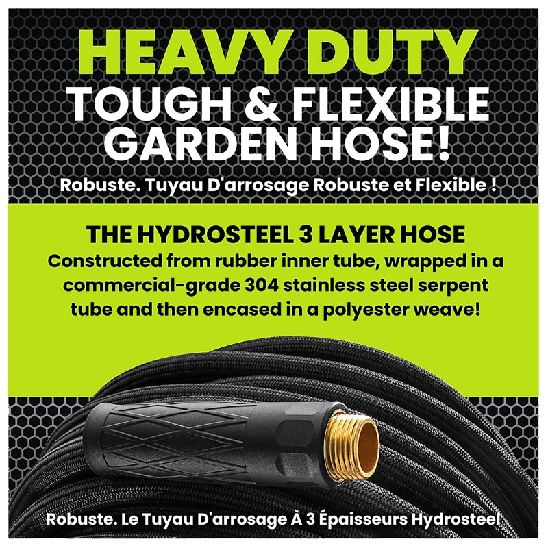 HydroSteel Pro 8586 Water Hose with Brass Nozzle, 3/8 in, 50 ft L, Rubber/Vinyl, Black