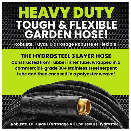 HydroSteel Pro 8586 Water Hose with Brass Nozzle, 3/8 in, 50 ft L, Rubber/Vinyl, Black