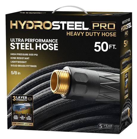 HydroSteel Pro 8588 Water Hose with Brass Nozzle, 3/8 in, 100 ft L, Rubber/Vinyl, Black