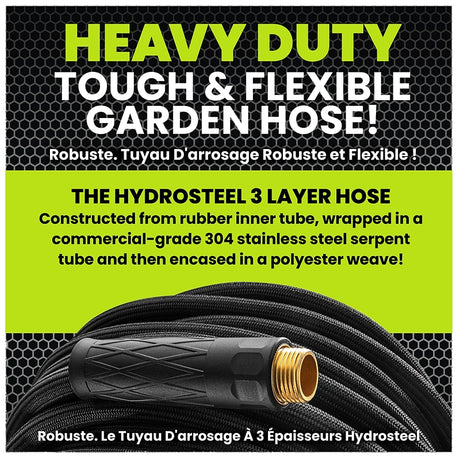 HydroSteel Pro 8588 Water Hose with Brass Nozzle, 3/8 in, 100 ft L, Rubber/Vinyl, Black