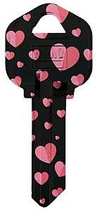 Hy-Ko 16010KW1-30 Key Blank, Black/Pink Heart, Brass, Nickel-Plated, For: Kwikset KW1 Keyways, KW1 Key Number, Pack of 10