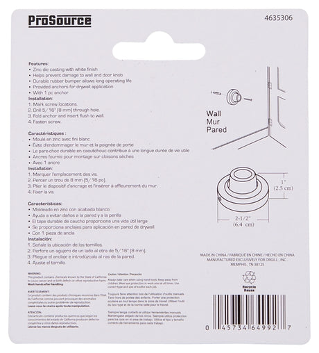 ProSource LR-005-WH-PS Door Stop, 2-1/2 in Dia Base, 2-1/2 in Dia Base x 1 in H Projection, Steel & Rubber
