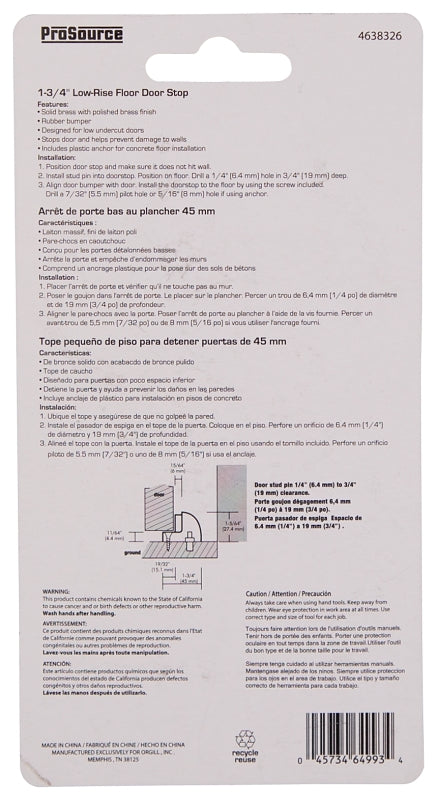 ProSource HR2006PB-PS Door Stop, 1-3/4 in Dia Base, 1-3/4 in Dia Base x 1-5/64 in H Projection, Brass
