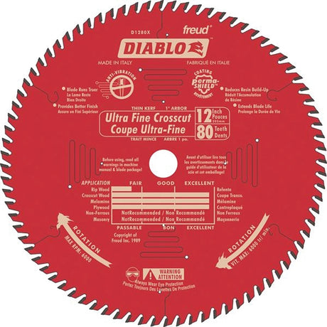 Diablo D1280X Circular Saw Blade, 12 in Dia, 1 in Arbor, 80-Teeth, Carbide Cutting Edge