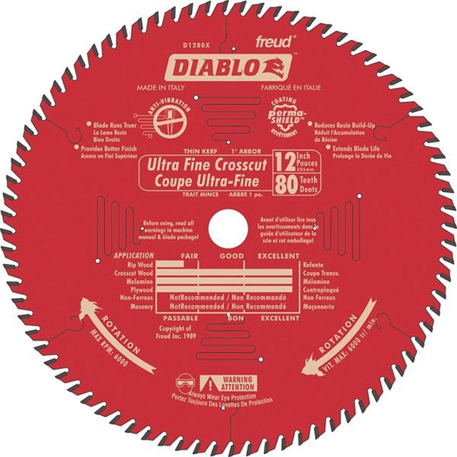 Diablo D1280X Circular Saw Blade, 12 in Dia, 1 in Arbor, 80-Teeth, Carbide Cutting Edge