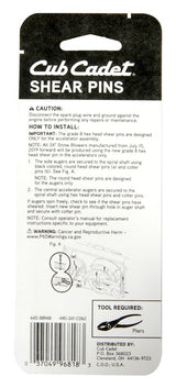 Cub Cadet Hardware 490-241-C062 Shear Pin Kit, For: Cub Cadet Three-Stage Snow Blowers