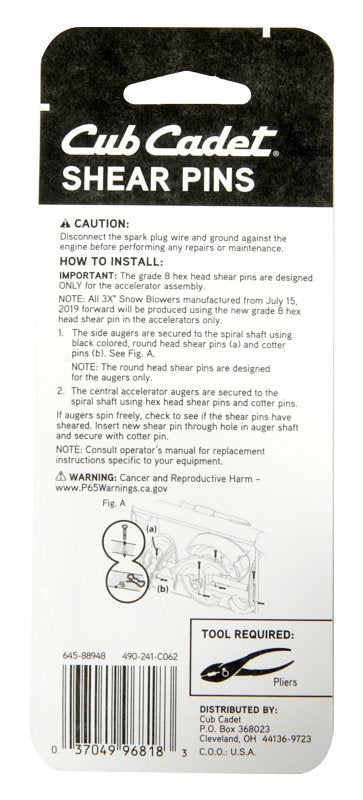 Cub Cadet Hardware 490-241-C062 Shear Pin Kit, For: Cub Cadet Three-Stage Snow Blowers