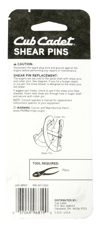 Cub Cadet Hardware 490-241-C063 Shear Pin Kit, For: 2X Snow Blowers