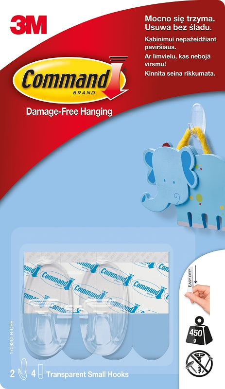Command 17092CLR-C Small Hook, 1 lb, 2-Hook, Clear, Pack of 6