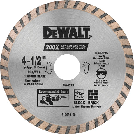 DEWALT DW4725 Circular Blade, 4-1/2 in Dia, 7/8 in Arbor, Diamond Cutting Edge