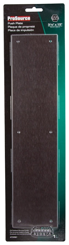 ProSource 32238ORB-PS Push Plate, Aluminum, Oil-Rubbed Bronze, 15 in L, 3-1/2 in W, 0.8 mm Thick
