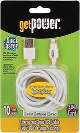 GetPower GP-XL-USB-L USB Charging and Sync Cable, White, 10 ft L