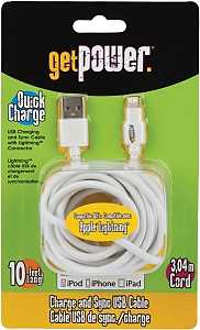 GetPower GP-XL-USB-L USB Charging and Sync Cable, White, 10 ft L