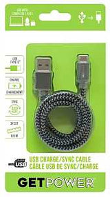 GetPower GP-USB-BRC Charge and Sync Cable, USB 2.0 A, USB-C, 3 ft L