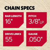 Oregon S55 Chainsaw Chain, 16 in L Bar, 3/8 in TPI/Pitch, 55-Link