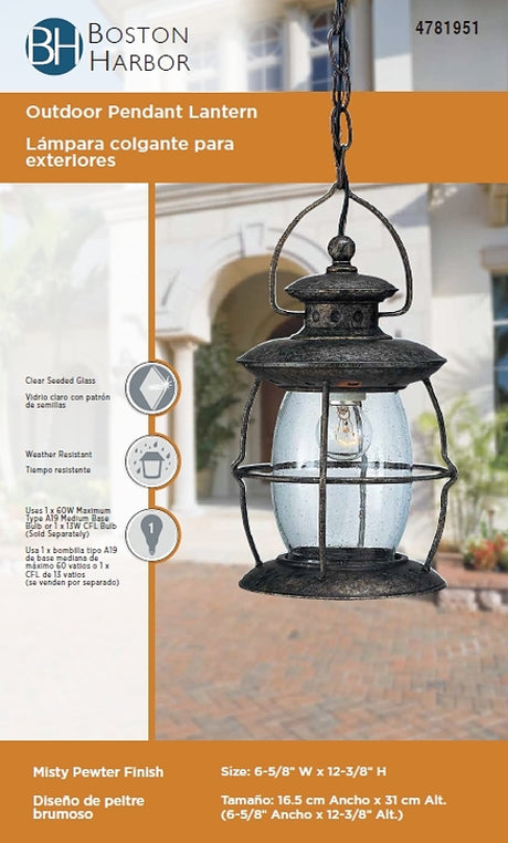 Boston Harbor BRT-CDC1701 Outdoor Pendant Lantern, 120 V, 60 W, Steel Fixture, Misty Pewter Fixture