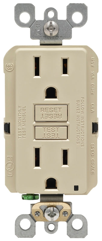 Leviton R01-GFNT1-0KI GFCI Duplex Receptacle, Polycarbonate, Ivory, 2-Pole, 15 A, 3-Wire, Back, Side Wiring