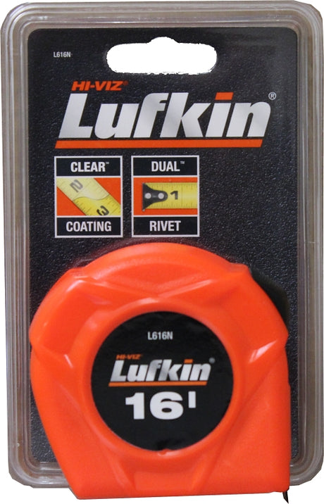 Crescent Lufkin L600N Series L616N Tape Measure, 16 ft L Blade, 3/4 in W Blade, Steel Blade, Plastic Case, Orange Case