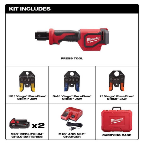 Milwaukee M18 Force Logic w/ 3 PEX Crimp Jaws 1 in. Press Tool Kit Red