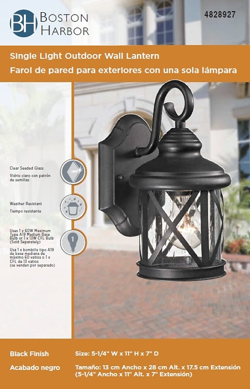 Boston Harbor LT-H01 Single Light Outdoor Wall Lantern, 120 V, 60 W, A19 or CFL Lamp, Steel Fixture, Black Fixture