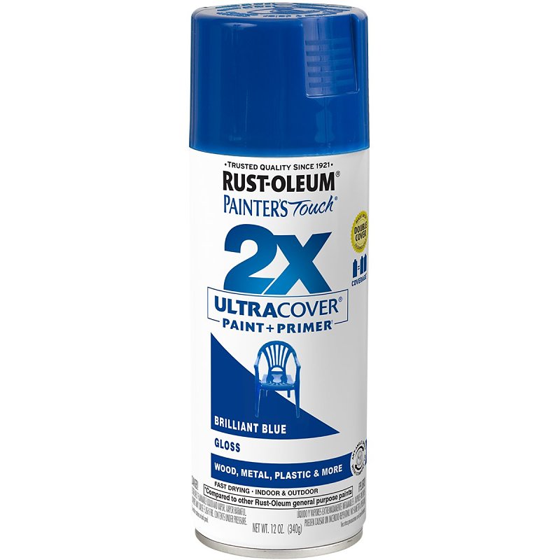 Rust-Oleum Painter's Touch 2X Ultra Cover 334027 Spray Paint, Gloss, Brilliant Blue, 12 oz, Aerosol Can