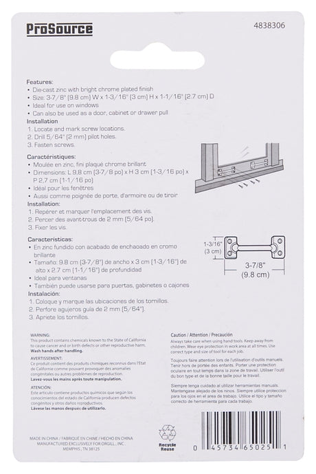ProSource 20902CHB-PS Sash Lift, 3-7/8 in L Handle, Zinc, Chrome