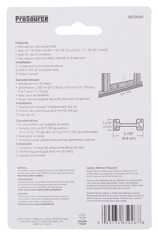 ProSource 20902PHB-PS Sash Lift, 3-7/8 in L Handle, Zinc, White
